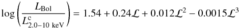 \begin{equation} \log \left(\frac{L_{\rm Bol}}{L_{\rm 2.0{-}10~keV}^{\rm c}}\right)=1.54+0.24\mathcal {L}+0.012\mathcal {L}^2-0.0015\mathcal {L}^3 \end{equation}