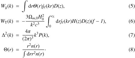 \begin{eqnarray} W_{\rm g}(k) &=& \int \rd {\it r \Theta(r) j_\ell(kr) D(z)}, \\ W_{\rm T}(k) &=& -\frac{3\Omega_{m,0} H_0^2}{k^2c^3}\int_0^{z_L} \rd{\it r j_\ell(kr)H(z)D(z)(f-1)},\\ \Delta^2(k) &=& \frac{4\pi}{(2\pi)^3}k^3P(k),\\ \Theta(r) &=& \frac{r^2n(r)}{\int \rd {\it r r^2 n(r)}}\cdot \end{eqnarray}