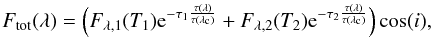 \appendix \setcounter{section}{2} \begin{equation} F_{\rm tot}(\lambda) = \Big( F_{\lambda,1}(T_1) {\rm e}^{- \tau_1 \frac{\tau(\lambda)}{\tau(\lambda_{\rm c})}} + F_{\lambda,2}(T_2) {\rm e}^{- \tau_2 \frac{\tau(\lambda)}{\tau(\lambda_{\rm c})}}\Big) \cos(i), \end{equation}