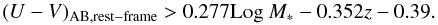 \begin{equation} (U-V)_{\rm AB, rest-frame}>0.277 \Log M_\ast -0.352 z -0.39. \end{equation}