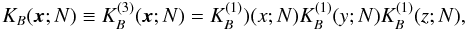 \appendix \setcounter{section}{1} \begin{equation} K_B(\vec{x};N)\equiv K_B^{(3)}(\vec{x};N)=K_B^{(1)})(x;N)K_B^{(1)}(y;N) K_B^{(1)}(z;N), \end{equation}