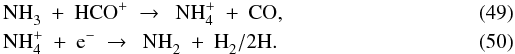 \begin{eqnarray} \label{eq:nh3+hcop}&&{\rm NH}_3^{}\ +\ {\rm HCO}^+\ \to\ \ {\rm NH}_4^+\ +\ {\rm CO}, \\ \label{eq:nh4p+e-2}&&{\rm NH}_4^+\ +\ {\rm e}^-\ \to\ \ {\rm NH}_2^{}\ +\ {\rm H}_2^{}/2{\rm H}. \end{eqnarray}