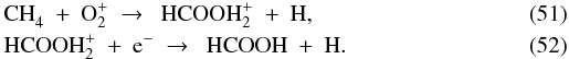 \begin{eqnarray} \label{eq:ch4+o2p} &&{\rm CH}_4^{}\ +\ {\rm O}_2^+\ \to\ \ {\rm HCOOH}_2^+\ +\ {\rm H}, \\ \label{eq:hcooh2p+e}&&{\rm HCOOH}_2^+\ +\ {\rm e}^-\ \to\ \ {\rm HCOOH}\ +\ {\rm H}. \end{eqnarray}