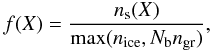 \begin{equation} \label{eq:desf} f(X) = \frac{n_{\rm s}(X)}{\max(n_{\rm ice},N_{\rm b}n_{\rm gr})} , \end{equation}
