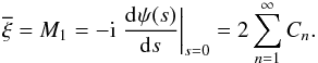 \begin{equation} \label{eq:moments_mean} \overline{\xi} = M_1 = -\iu \left. \deriv{\psi(s)}{s} \right|_{s=0} = 2 \sum\limits_{n=1}^{\infty} C_n . \end{equation}