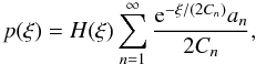 \begin{equation} \label{eq:univar_analytic_pxi0} p(\xi) = H(\xi) \sum\limits_{n=1}^{\infty} \frac{\eto{-\xi/(2C_n)}a_n}{2C_n} , \end{equation}
