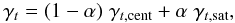 \begin{equation} \gamma_t = (1-\alpha)\hspace{1mm}\gamma_{t,\mathrm{cent}}+\alpha \hspace{1mm}\gamma_{t,\mathrm{sat}}, \end{equation}