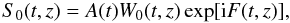 \begin{equation} S_0(t,z) = A(t)W_0(t,z)\exp[{\rm i}F(t,z)], \label{eq:4.39} \end{equation}