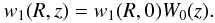 \begin{equation} w_1(R,z) = w_1(R,0)W_0(z). \label{eq:5.19} \end{equation}
