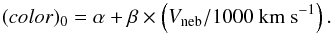 \begin{equation} (color)_0 = \alpha + \beta \times \left(V_{\rm neb}/1000~{\rm km~s^{-1}}\right). \label{V_I_Vneb} \end{equation}