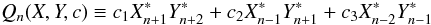 \begin{equation} Q_n(X,Y,c) \equiv c_1 X_{n+1}^*Y_{n+2}^* + c_2 X_{n-1}^*Y_{n+1}^* + c_3 X_{n-2}^* Y_{n-1}^* \end{equation}