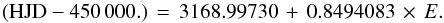 \begin{equation} ({\rm HJD} - 450\,000.)\,=\,3168.99730\,+\,0.8494083\,\times\,E. \end{equation}