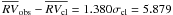 \hbox{$\overline{RV}_{\rm obs} - \overline{RV_{\rm cl}}= 1.380\sigma_{\rm cl}=5.879$}