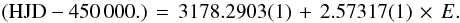 \begin{equation} ({\rm HJD} - 450\,000.)\,=\,3178.2903(1)\,+\,2.57317(1)\,\times\,E. \end{equation}