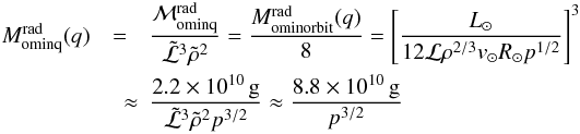 \begin{eqnarray} \label{Mominq} M^{\rm rad}_{\rm ominq}(q)&=& \frac{{\cal M}_{\rm ominq}^{\rm rad}}{\tilde{{\cal L}}^3\tilde{\rho}^2} =\frac{M^{\rm rad}_{\rm ominorbit}(q)}{8} = \left[\frac{L_\odot}{12{\cal L}\rho^{2/3}v_\odot R_\odot p^{1/2}}\right]^3 \nonumber \\ &\quad \approx& \frac{2.2\times 10^{10}\,{\rm g}}{\tilde{{\cal L}}^3\tilde{\rho}^2p^{3/2}}\approx \frac{8.8\times 10^{10}\,{\rm g}}{p^{3/2}} \end{eqnarray}