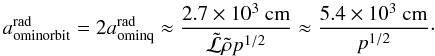 \begin{equation} \label{aomin} a_{\rm ominorbit}^{\rm rad}=2a_{\rm ominq}^{\rm rad}\approx \frac{2.7\times 10^3~{\rm cm}}{\tilde{{\cal L}}\tilde{\rho}p^{1/2}}\approx \frac{5.4\times 10^3~{\rm cm}}{p^{1/2}}\cdot \end{equation}