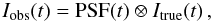 \begin{equation} I_{\rm obs} (t) = {\rm PSF}(t) \otimes I_{\rm true}(t) \,, \label{eq_img} \end{equation}