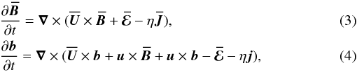 \begin{eqnarray} \label{inductionm}&&\parr{\meanBB}{t}=\nab \times (\meanUU \times \meanBB+\meanEMF-\eta \meanJJ), \\ \label{inductionf}&&\parr{\bb}{t}=\nab \times (\meanUU \times \bb + \uu \times \meanBB + \uu \times \bb - \meanEMF -\eta \jj), \end{eqnarray}