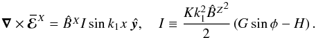 \begin{equation} \nab \times \meanEMFX= \BX I \sin\xk\;\yyy , \quad I \equiv \frac{K k_1^2 {\BZ}^2}{2}\left(G\sin\phi-H\right). \label{defI} \end{equation}