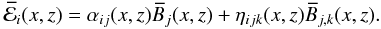 \begin{equation} \meanemf_{i}(x,z)=\alpha_{ij}(x,z) \meanB_j(x,z)+\eta_{ijk}(x,z)\meanB_{j,k}(x,z). \label{alpbeta} \end{equation}