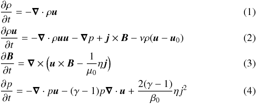\begin{eqnarray} &&\frac{\partial \rho}{\partial t} = - \vec \nabla \cdot \rho \vec u \\ &&\frac{\partial \rho \vec u}{\partial t} = -\vec \nabla \cdot \rho \vec u \vec u - \vec \nabla p + \vec j \times \vec B - \nu \rho (\vec u - \vec u_{0}) \\ &&\frac{\partial \vec B}{\partial t} = \vec \nabla \times \Big(\vec u \times \vec B - \frac{1}{\mu_{0}}\eta \vec j\Big) \\ &&\frac{\partial p}{\partial t} = - \vec \nabla \cdot p \vec u - (\gamma -1) p \vec \nabla \cdot \vec u + \frac{2(\gamma -1)}{\beta_{0}} \eta j^{2} \end{eqnarray}
