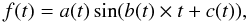 \begin{equation} f(t)=a(t)\sin(b(t)\times t + c(t)), \end{equation}