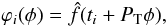 \begin{equation} \varphi _i (\phi ) = \hat f(t_i + P_{\rm T} \phi ), \end{equation}