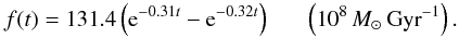 \begin{equation} \label{facc} f(t) = 131.4\left({\rm e}^{-0.31t} - {\rm e}^{-0.32t}\right) \;\;\;\;\;\; \left(10^8 \,\msun \,{\rm Gyr}^{-1}\right). \end{equation}