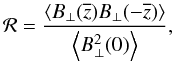 \begin{equation} \mathcal{R} = \frac{\left\langle B_{\perp}(\overline{z}) B_{\perp}(-\overline{z})\right\rangle}{\left\langle B^2_{\perp}(0)\right\rangle}, \label{eq:bfield_correlation_ratio_setup} \end{equation}