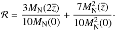 \begin{equation} \mathcal{R} = \frac{3 M_{\rm N}(2 \overline{z})}{10 M_{\rm N}(0)} + \frac{7 M^2_{\rm N}(\overline{z})}{10 M^2_{\rm N}(0)}\cdot \label{eq:bfield_correlation_ratio_result} \end{equation}