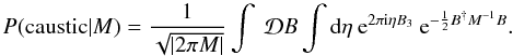 \appendix \setcounter{section}{1} \begin{equation} P(\text{caustic}|M) = \frac{1}{\sqrt{\left|2 \pi M\right|}}\int \: \mathcal{D}B \int {\rm d}\eta \: {\rm e}^{2\pi {\rm i} \eta B_3} \: {\rm e}^{-\frac{1}{2} B^{\dagger} M^{-1} B}. \label{eq:denom_step2} \end{equation}