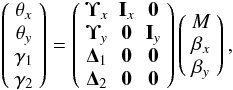 \begin{equation} \label{lens_matrix_3} \left( \begin{array}{c} \theta_x \\ \theta_y \\ \gamma_1 \\ \gamma_2 \\ \end{array} \right)= \left( \begin{array}{ccc} \mathbf{\Upsilon}_x & \mathbf{I}_x & \mathbf{0} \\ \mathbf{\Upsilon}_y & \mathbf{0} & \mathbf{I}_y \\ \mathbf{\Delta}_1 & \mathbf{0} & \mathbf{0} \\ \mathbf{\Delta}_2 & \mathbf{0} & \mathbf{0} \\ \end{array} \right) \left( \begin{array}{c} M \\ \beta_x \\ \beta_y \\ \end{array} \right), \end{equation}