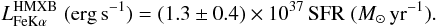 \begin{equation} \label{eqn_lfehmxb} L_{\rm Fe K\alpha}^{\rm HMXB}\;({\rm erg\,s^{-1}}) = (1.3\pm0.4)\times 10^{37}\,{\rm SFR}\;(M_{\rm \odot}\,{\rm yr^{-1}}). \end{equation}
