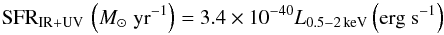 \begin{equation} \label{eqn:sfr_soft} {\rm SFR_{\rm IR + UV}}\,\left(M_{\rm \odot}\;{\rm yr^{-1}}\right) = 3.4\times 10^{-40} L_{\rm 0.5{-}2\,keV}\,{\rm \left(erg\;s^{-1}\right)} \end{equation}