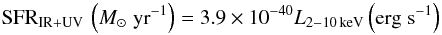 \begin{equation} \label{eqn:sfr_hard} {\rm SFR_{\rm IR + UV}}\,\left(M_{\rm \odot}\;{\rm yr^{-1}}\right) = 3.9\times 10^{-40} L_{\rm 2{-}10\,keV}\,{\rm \left(erg\;s^{-1}\right)} \end{equation}