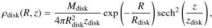 \begin{equation} \label{eq:rho_disk} \rho_{\rm disk}(R,z) = \frac{M_{\rm disk}}{4\pi R_{\rm disk}^2 z_{\rm disk}} \exp\left( -\frac{R}{R_{\rm disk}}\right){\rm sech}^2\left( \frac{z}{z_{\rm disk}}\right), \end{equation}