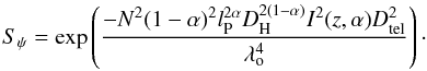 \begin{equation} S_{\psi} = \exp \left({\frac{- N^2 (1 - \alpha)^2 l_{\rm P}^{2\alpha} D_{\rm H}^{2(1 - \alpha)} I^2 (z,\alpha) D_{\rm tel}^2}{ \lambda_{\rm o}^4}} \right)\cdot \label{eq:SR} \end{equation}