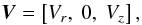 \begin{equation} \vec{V} = \left[ V_{r}, \ 0, \ V_{z} \right] , \end{equation}