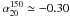 \hbox{$\alpha_{20}^{150}\simeq -0.30$}