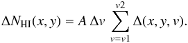 \appendix \setcounter{section}{1} \begin{equation} \label{eq:noisehi_2} \Delta N_{\rm HI}(x,y) = A\, \Delta v \, \sum_{v=v1}^{v2} \Delta(x,y,v). \end{equation}