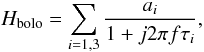 \begin{equation} H_{\rm bolo} = \sum_{i = 1,3} \frac{a_i}{1 + j 2 \pi f \tau_i}, \end{equation}