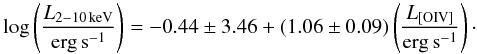 \begin{equation} \log \left( \frac{L_{2{-}10\,\mathrm{keV}}}{\mathrm{erg\,s}^{-1}} \right) = -0.44 \pm 3.46 + (1.06 \pm 0.09) \left( \frac{L_\mathrm{[OIV]}}{\mathrm{erg\,s}^{-1}} \right)\cdot \end{equation}