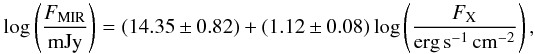 \begin{equation} \log \left( \frac{F_\mathrm{MIR}}{\mathrm{mJy}}\right) = ( 14.35 \pm 0.82) + ( 1.12 \pm 0.08 ) \log \left( \frac{F_\mathrm{X}}{\mathrm{erg}\,\mathrm{s}^{-1}\,\mathrm{cm}^{-2}}\right), \end{equation}