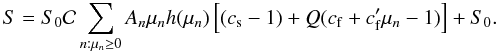 \begin{equation} S = S_0 \mathcal{C} \sum_{n:\mu_n\geq0} A_n\mu_n h(\mu_n) \left[(c_{\rm s}-1)+Q(c_{\rm f} + c'_{\rm f} \mu_n -1)\right] + S_0. \label{eq:methodology:spotmodel} \end{equation}