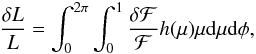 \begin{equation} \label{eq:deltal} \frac{\delta L}{L} =\int_0^{2\pi}\int_0^{1}\frac{\delta {\cal F }}{{\cal F}} h(\mu)\mu {\rm d}\mu {\rm d}\phi, \end{equation}