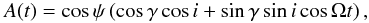 \begin{equation} A(t) =\cos\psi\left (\cos\gamma\cos i +\sin\gamma\sin i\cos\Omega t\right ), \end{equation}
