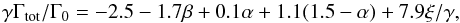 \begin{equation} \label{eq:paar09} \gamma \Gamma_{\rm tot} / \Gamma_0 = -2.5 - 1.7 \beta + 0.1 \alpha + 1.1 (1.5-\alpha) + 7.9 \xi / \gamma , \end{equation}