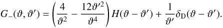 \begin{equation} \KerM(\vartheta,\vartheta') = \left(\frac{4}{\vartheta^2}-\frac{12\vartheta^{\prime 2}}{\vartheta^4}\right)H(\vartheta - \vartheta') + \frac{1}{\vartheta'}\DiracDelta(\vartheta - \vartheta'). \label{eq:kernel_xi_k_to_xi_m} \end{equation}