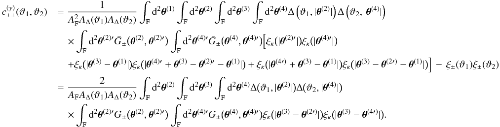 \appendix \setcounter{section}{3} \begin{eqnarray} \label{eq:c_pp_gamma_normal} c_{\pm\pm}^{(\gamma)}(\vartheta_1, \vartheta_2) &&= \frac{1}{\AFOV^2\ABin(\vartheta_1)\ABin(\vartheta_2)} \int_{\FOV}\idiff[2]{\thetagal^{(1)}} \int_{\FOV}\idiff[2]{\thetagal^{(2)}} \int_{\FOV}\idiff[2]{\thetagal^{(3)}} \int_{\FOV}\idiff[2]{\thetagal^{(4)}} \Delta\left(\vartheta_1, \lvert \thetagal^{(2)} \rvert \right) \Delta\left(\vartheta_2, \lvert \thetagal^{(4)} \rvert \right) \nonumber\\ &&\quad\times \int_{\FOV}\idiff[2]{\thetagal^{(2)\prime}} \spavKerPM\bigl(\thetagal^{(2)}, \thetagal^{(2)\prime}\bigr) \int_{\FOV}\idiff[2]{\thetagal^{(4)\prime}} \spavKerPM\bigl(\thetagal^{(4)}, \thetagal^{(4)\prime}\bigr) \Bigl[ \xi_\kappa\bigl(\lvert \thetagal^{(2)\prime} \rvert\bigr) \xi_\kappa\bigl(\lvert \thetagal^{(4)\prime} \rvert\bigr) \nonumber\\ &&\quad + \xi_\kappa\bigl(\lvert \thetagal^{(3)} - \thetagal^{(1)} \rvert\bigr) \xi_\kappa\bigl(\lvert \thetagal^{(4)\prime} + \thetagal^{(3)} - \thetagal^{(2)\prime} - \thetagal^{(1)} \rvert\bigr) + \xi_\kappa\bigl(\lvert \thetagal^{(4\prime)} + \thetagal^{(3)} - \thetagal^{(1)} \rvert\bigr) \xi_\kappa\bigl(\lvert \thetagal^{(3)} - \thetagal^{(2\prime)} - \thetagal^{(1)} \rvert\bigr) \Bigr] \,-\, \xi_{\pm}(\vartheta_1)\xi_{\pm}(\vartheta_2) \nonumber\\ &&=\frac{2}{\AFOV\ABin(\vartheta_1)\ABin(\vartheta_2)} \int_{\FOV}\idiff[2]{\thetagal^{(2)}} \int_{\FOV}\idiff[2]{\thetagal^{(3)}} \int_{\FOV}\idiff[2]{\thetagal^{(4)}} \Delta\bigl(\vartheta_1, \lvert \thetagal^{(2)} \rvert \bigr) \Delta\bigl(\vartheta_2, \lvert \thetagal^{(4)} \rvert \bigr) \nonumber\\ &&\quad\times \int_{\FOV}\idiff[2]{\thetagal^{(2)\prime}} \spavKerPM\bigl(\thetagal^{(2)}, \thetagal^{(2)\prime}\bigr) \int_{\FOV}\idiff[2]{\thetagal^{(4)\prime}} \spavKerPM\bigl(\thetagal^{(4)}, \thetagal^{(4)\prime}\bigr) \xi_\kappa\bigl(\lvert \thetagal^{(3)} - \thetagal^{(2\prime)} \rvert\bigr) \xi_\kappa\bigl(\lvert \thetagal^{(3)} - \thetagal^{(4\prime)} \rvert\bigr). \end{eqnarray}