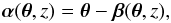 \begin{equation} \vect{\alpha}(\vect{\theta},z) = \vect{\theta} - \vect{\beta}(\vect{\theta},z), \label{eq:deflection_field} \end{equation}